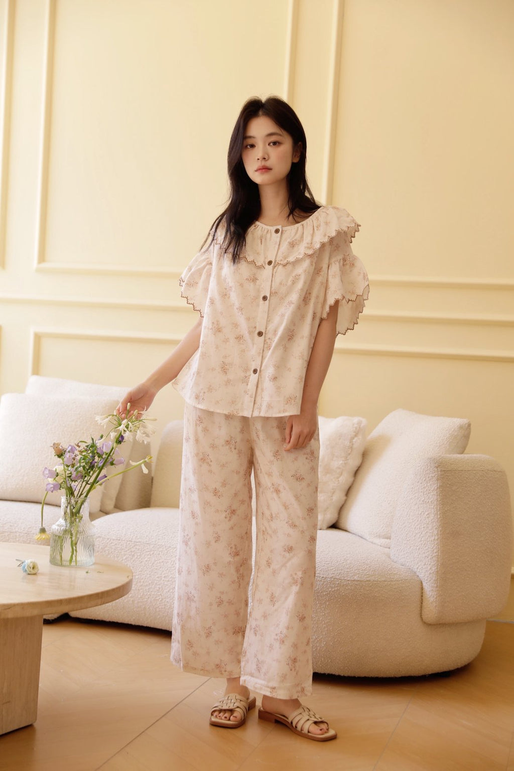 Bộ Mặc Nhà Fairy Ruffle Khaki Bloom