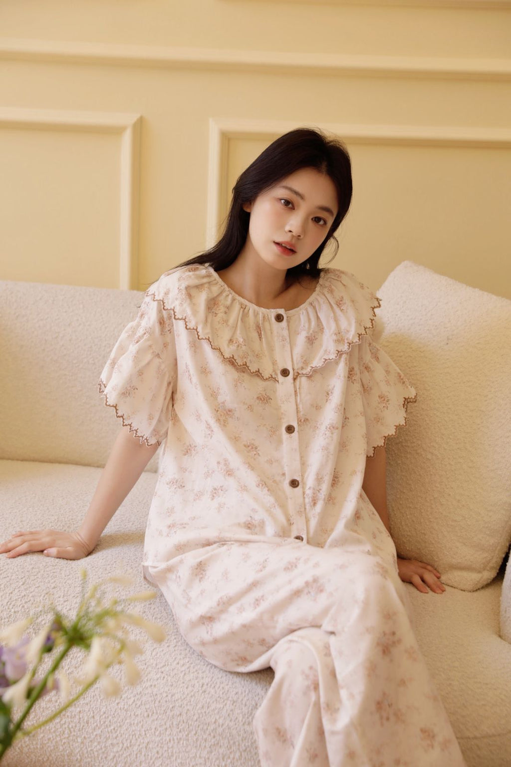 Bộ Mặc Nhà Fairy Ruffle Khaki Bloom